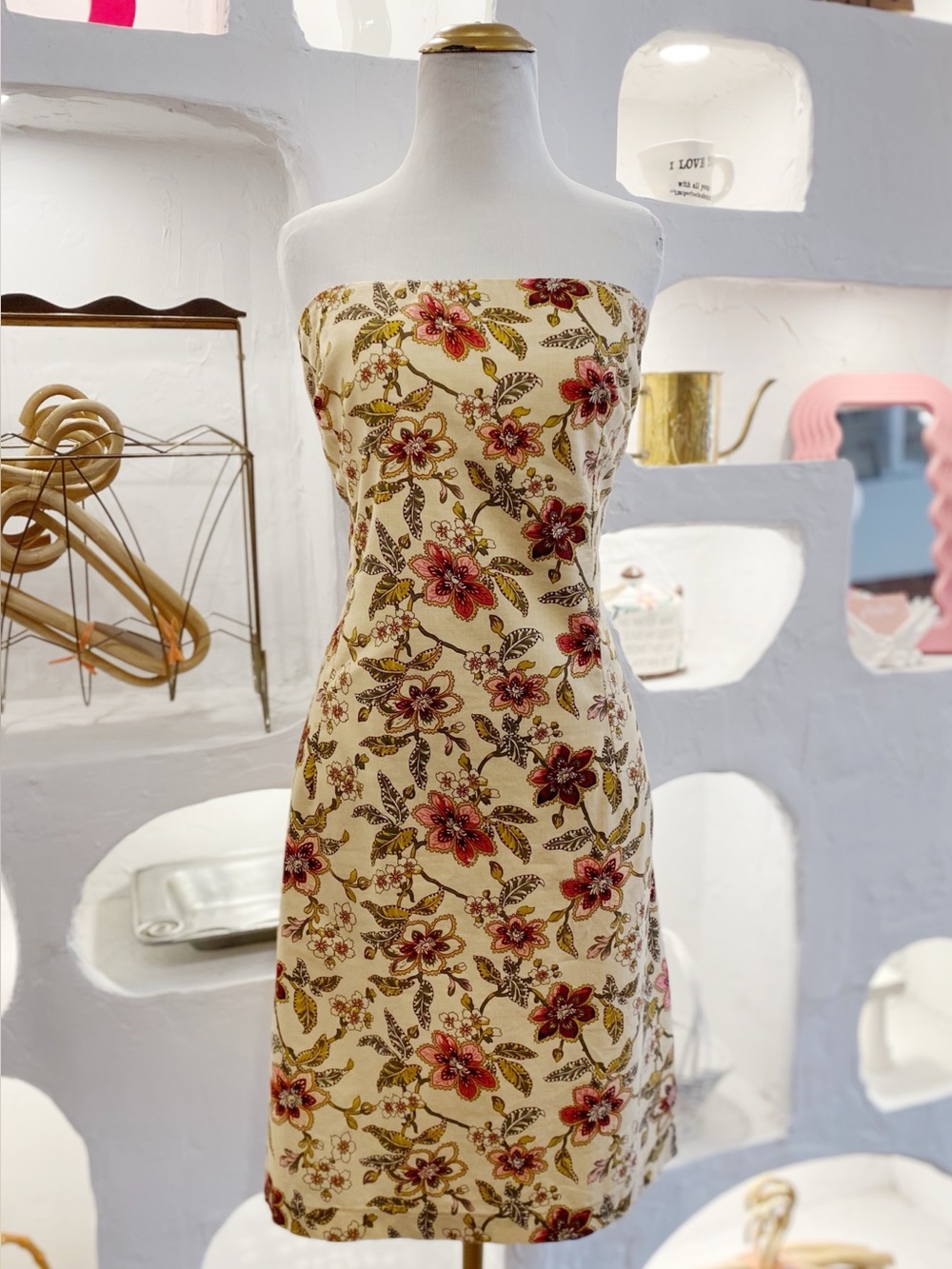 Y2K Vintage Light Yellow & Red Floral Cotton Strapless Midi Dress